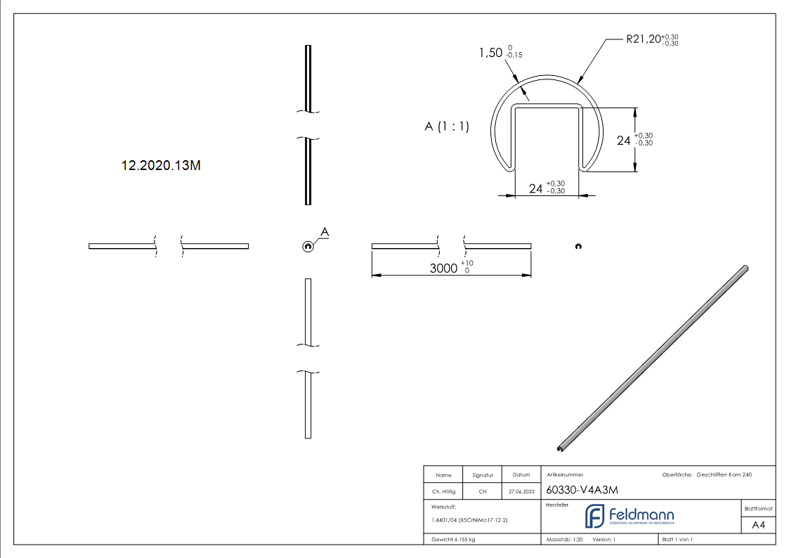 Nutrohr Ø 42-4x1-5 mm mit Nut- 24x24 mm Laenge- 3000 mm V4A Edelstahl-12-2020.13M