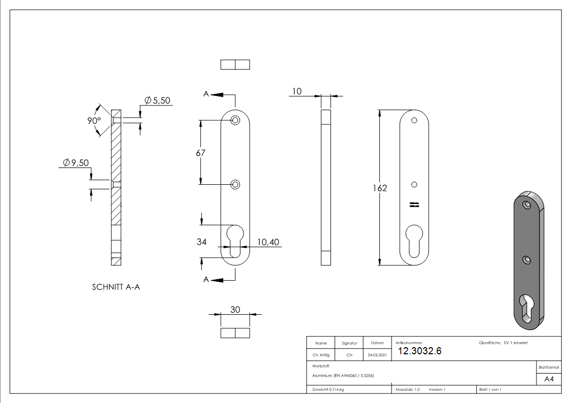 Alu-Zylinderkurzschild - Masse- 32x156x7 mm - blind - Aluminium EV1-12-3032.6