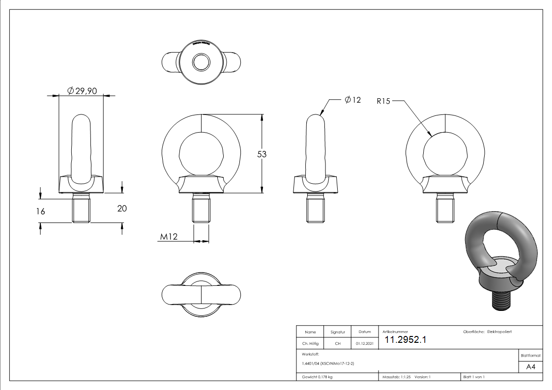 Augenbolzen mit M12 Gewinde V4A-11-2952.1