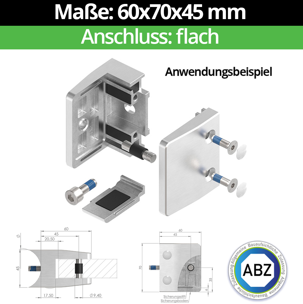 Glasklemme AbZ Masse- 60x70x45 mm fuer Anschluss  Flach - Ø 48-3 mm - 60-3 mm-10-MODELL39-1-18-1.1