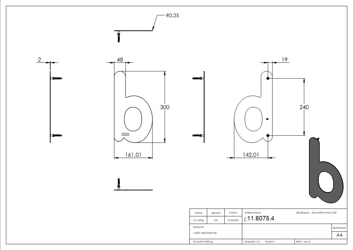 Buchstabe b - gross - Masse- 200 mm x 300 mm - V2A-11-8075.4