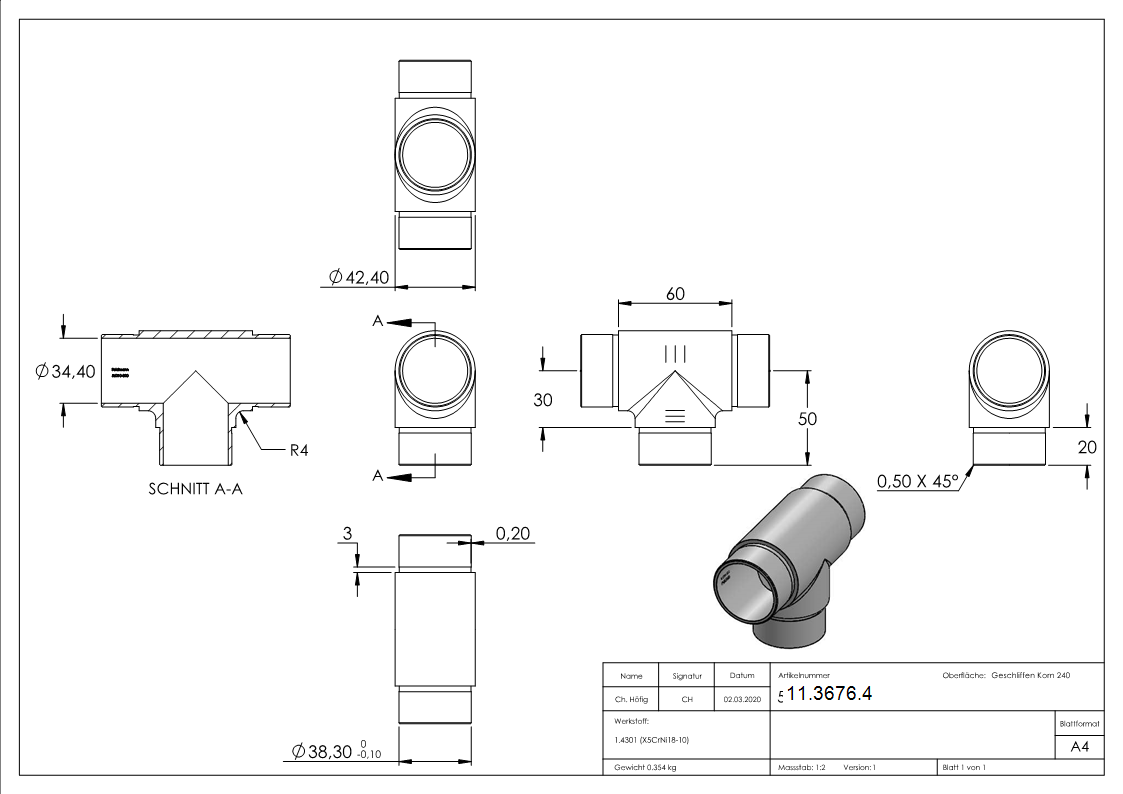 T-Stueck mit gleichen Abgaengen fuer Rundrohr Ø 42-4x2-0 mm V2A-11-3676.4