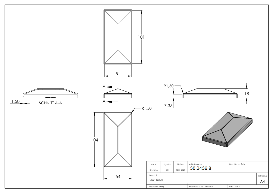 Pfeilerbedecker - fuer Rechteckrohr - Masse- 100x50 mm - Stahl S235JR- roh-30-2436.8