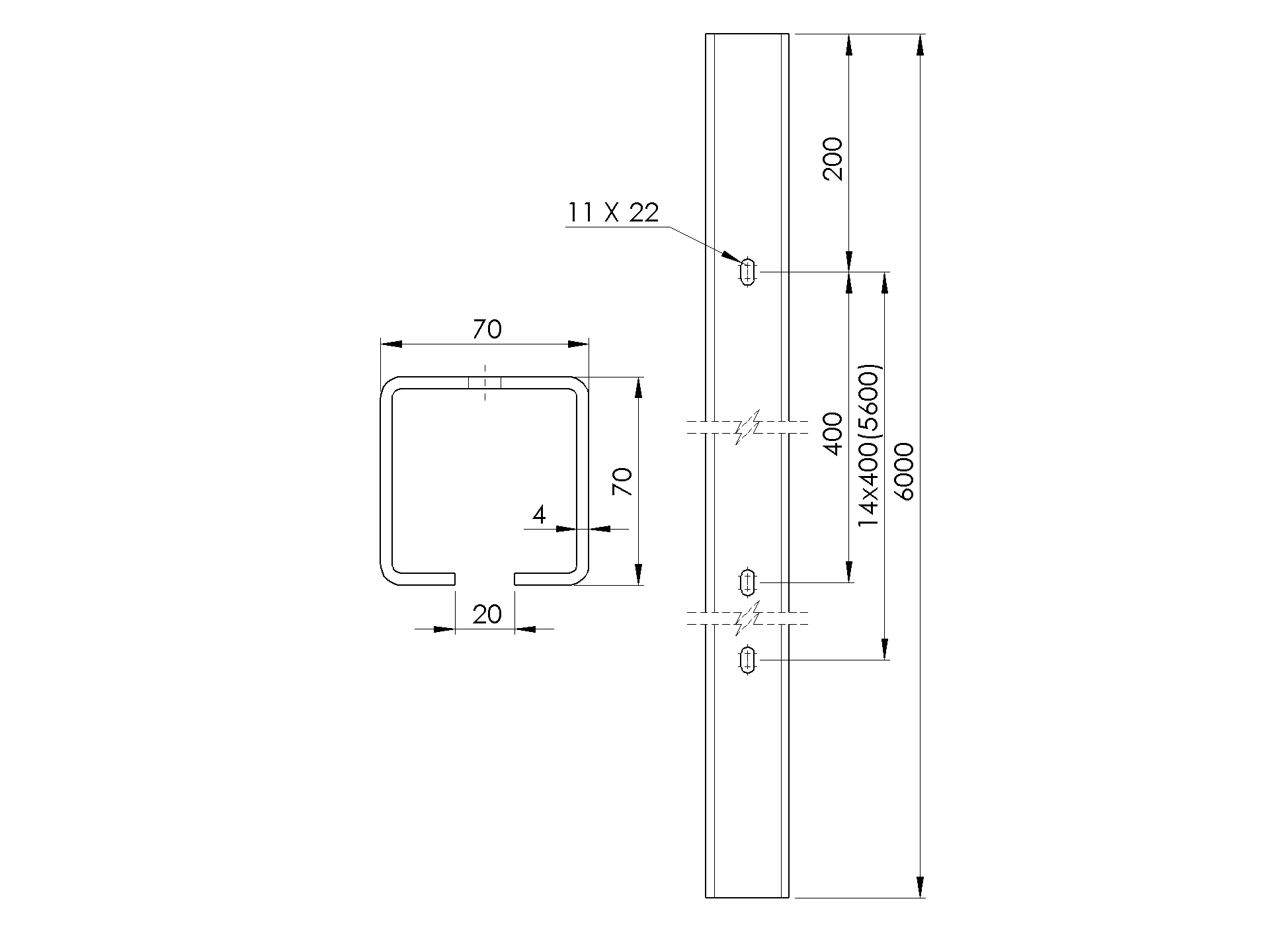 Fhrungsprofil Stahl verzinkt 70 x 70 mm L=6000 mm fr Schiebetore-89-11H0270X70ZND6000-A.4