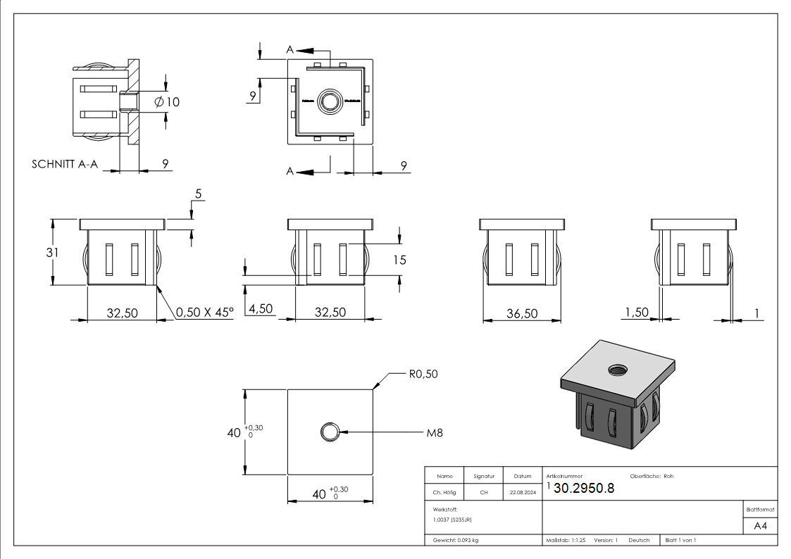 Stahlstopfen flach - mit M8 - fuer Rohr 40x40x2-0-3-0 mm - Stahl S235JR- roh-30-2950.8