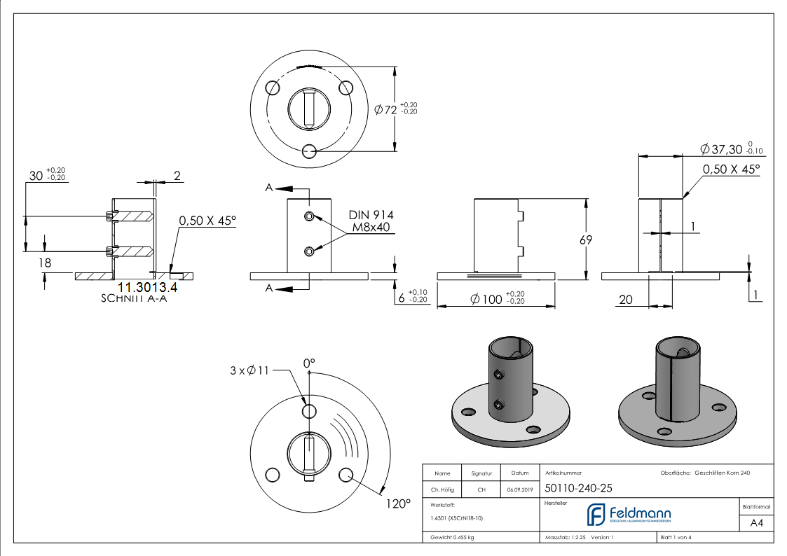 Wand- und Bodenanker  Masse- Ø 100x6 mm  fuer Rundrohr Ø 42-4x2-5 mm - V2A-11-3013.4