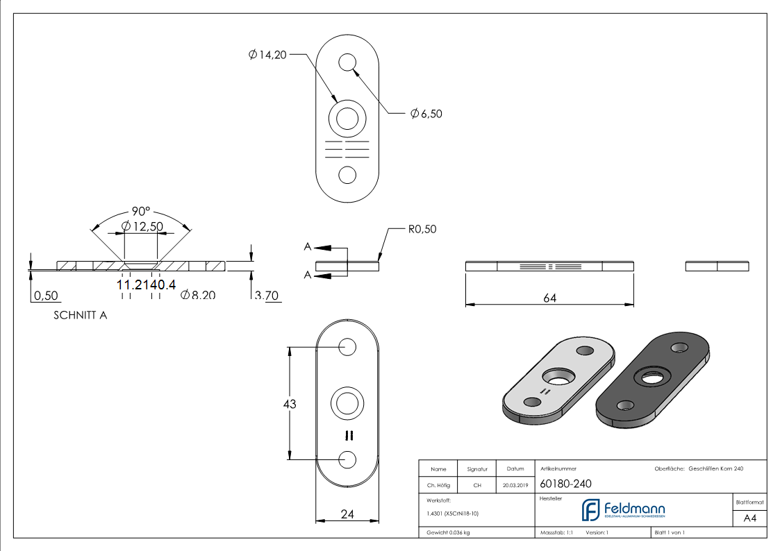 Handlaufanschlussplatte 63x25x4 mm -flach- V2A-11-2140.4