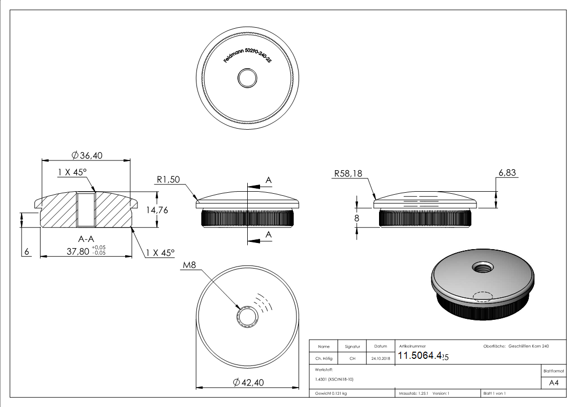Rohrstopfen fuer Ø 42-4x2-6 mm leicht gewoelbt zum Einschlagen mit M8 V2A-11-5064.4