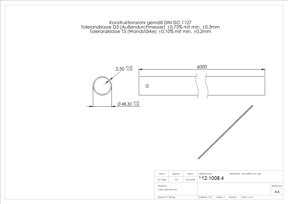 Rundrohr Ø 48-3 x 2-6 mm á 6 m Edelstahl-12-1008.4