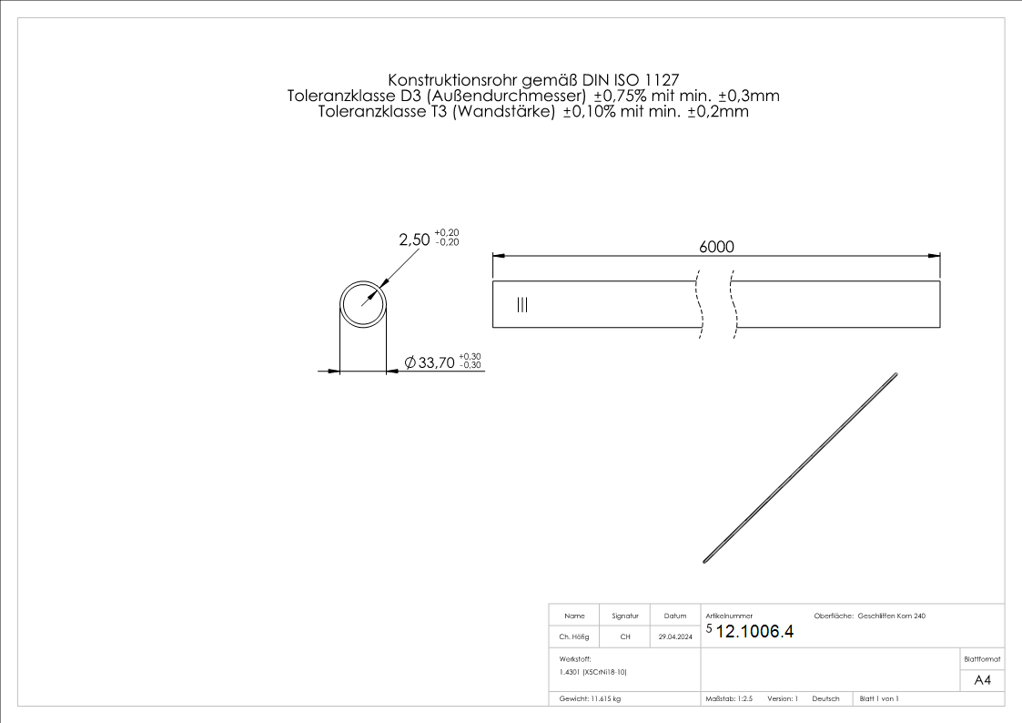 Rundrohr Ø 33-7x2-5 mm á 6 m V2A Edelstahl-12-1006.4