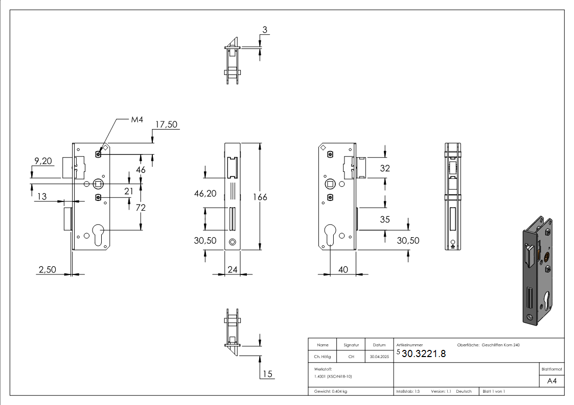 Rohrrahmenschloss  Kastenbreite- 30 mm - links und rechts verwendbar-30-3221.8