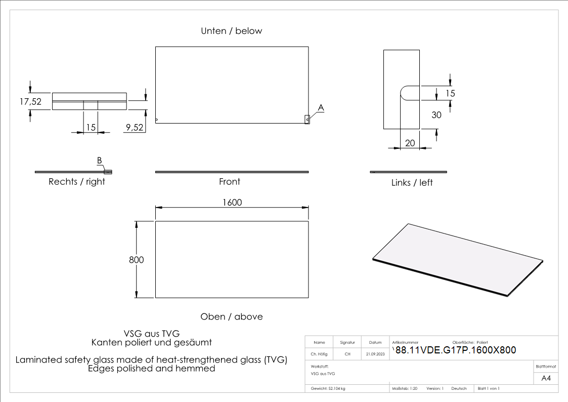 Eleganza canopy Glas- 1600x800mm VSG aus 2x8mm TVG mit 1-52mm PVB-88-11VDE-G17P.1600X800