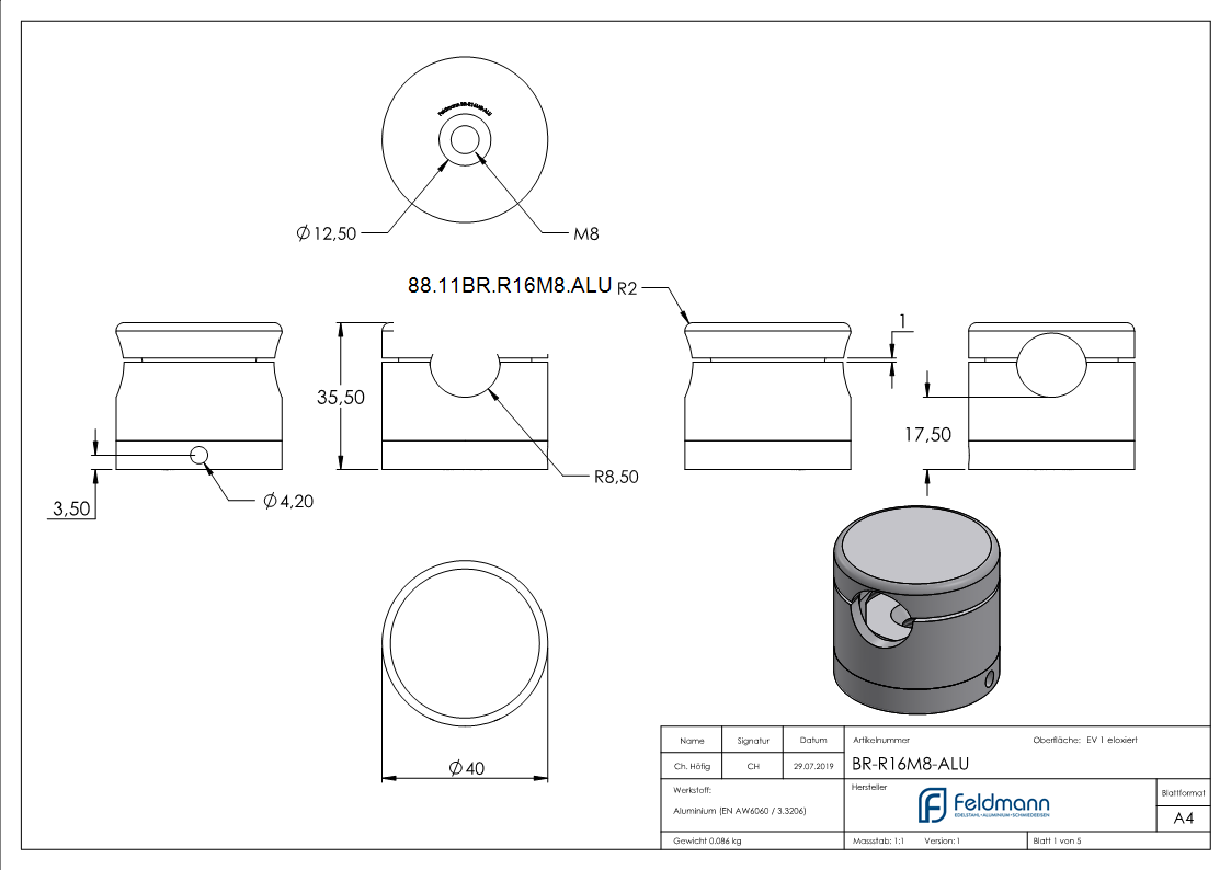 BRENK-fix® Grundhalter fuer Staebe Ø 16mm- ALU-88-11BR-R16M8.ALU
