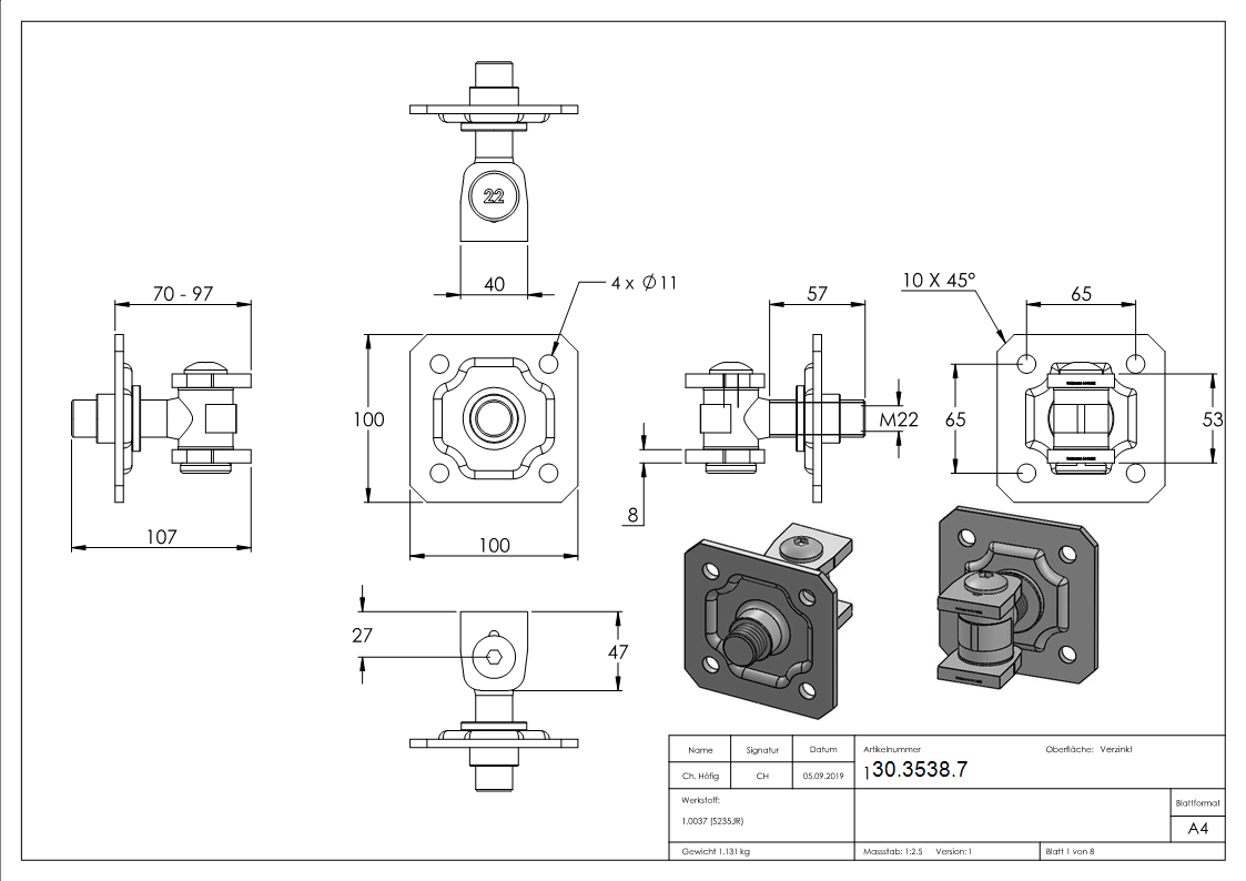 Torband M22 verstellbar mit Befestigungsplatte Stahl -Roh- S235JR-30-3538.7