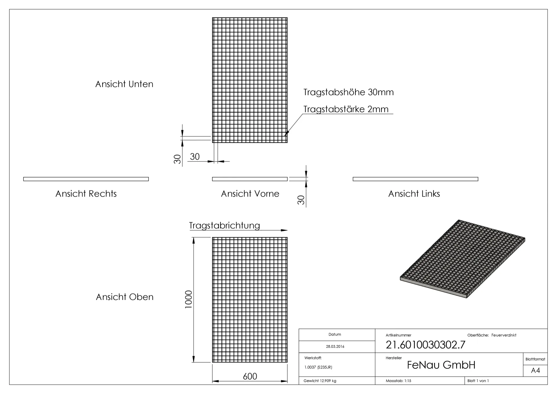 Industrie-Gitterrost - Masse- 600x1000x30 mm; MW 30-30 mm; 30-2 mm - S235JR -St37-2- im Vollbad feuerverzinkt-21-6010030302.7