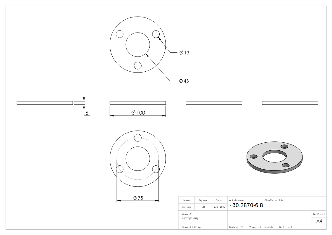 Ankerplatte 100x6 mm 4 Bohrungen -  Stahl roh-30-2870-6.8