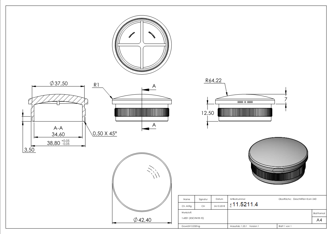 Einsteckkappe Edelstahl V2A fuer Rohr Ø 42-4x2-0 mm gewoelbt zum Einschlagen-11-5211.4