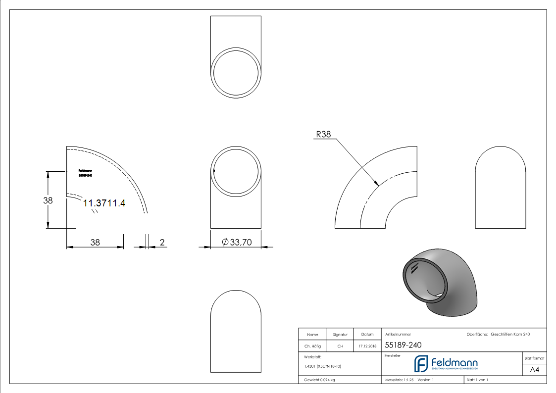 Bogen 90° zum Schweissen fuer Rundrohr- Ø 33-7 mm V2A- Bauart 3-11-3711.4