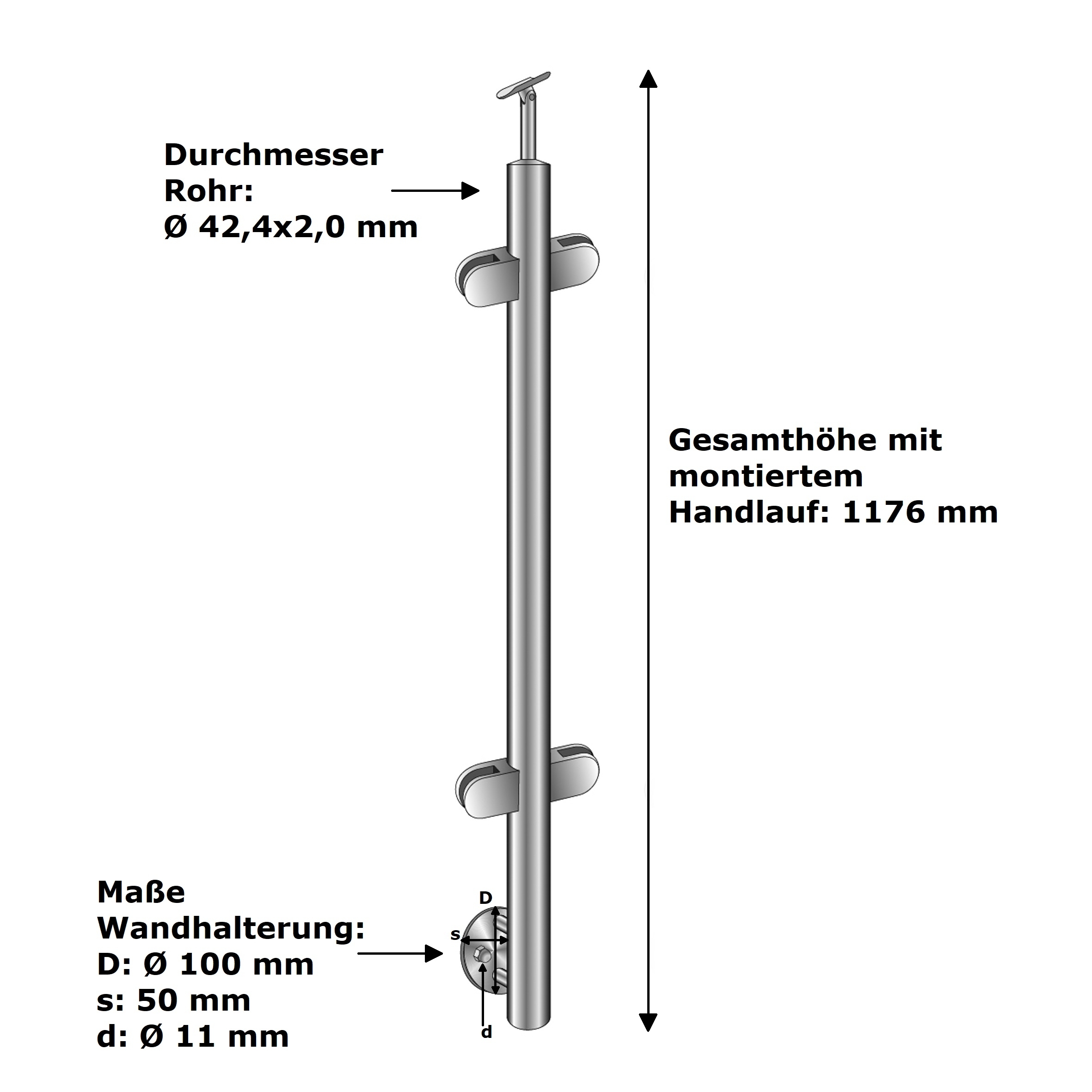 Glasgelaenderpfosten V2A 1000 mm fuer Glas 8-76 mm Seitenmontage geschliffen-14-0048RG-A.4