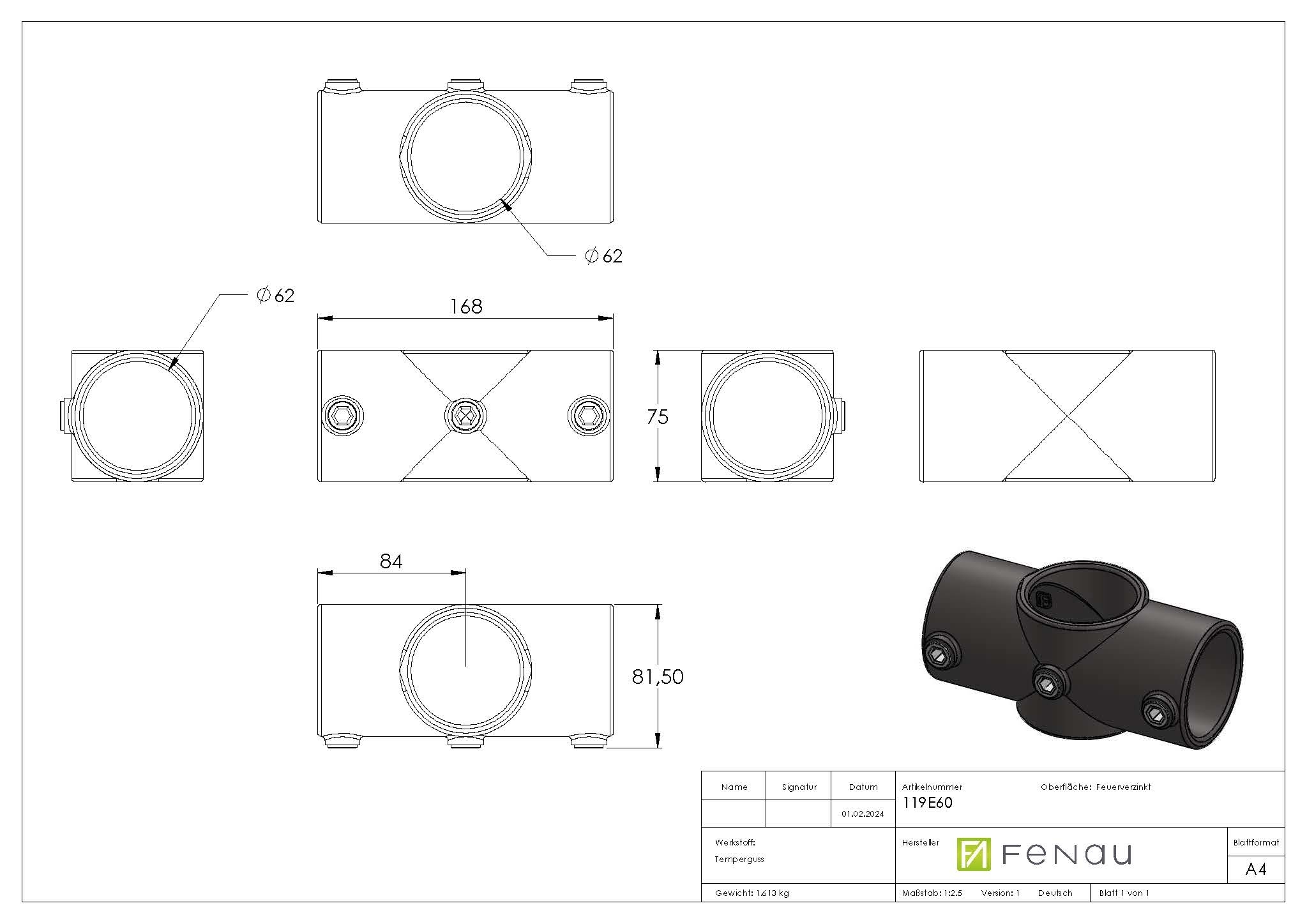 Rohrverbinder Kreuzstueck durchgehend Ø 60-3 mm -2- - Temperguss verzinkt - 119E60-119E60