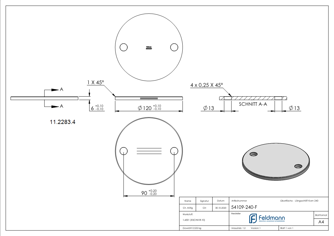 Ankerplatte Masse- 120x6 mm Laengsschliff - Fase V2A-11-2283.4