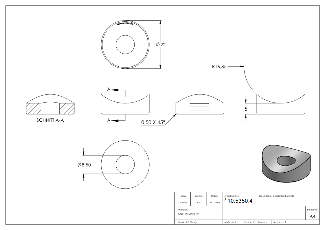 Ausgleichsstueck Ø 22 mm fuer Rundrohr Ø 33-7 mm V2A-10-5350.4