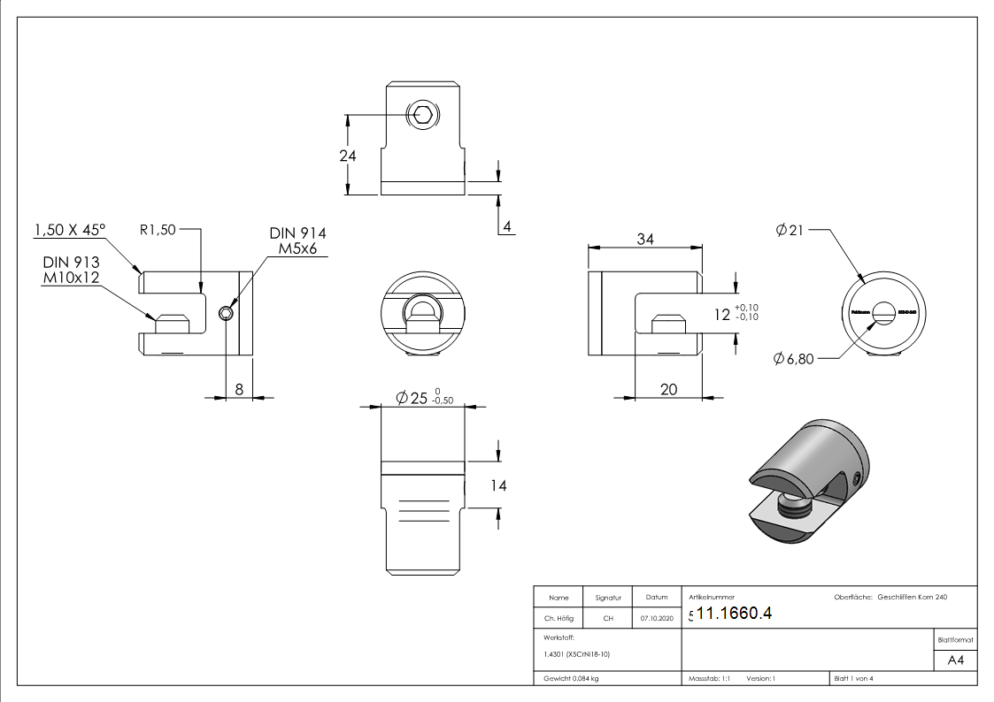 Querstab-Plattenhalter V2A Edelstahl Ø 25 mm – Anschluss FLACH inkl- Schrauben-11-1660.4