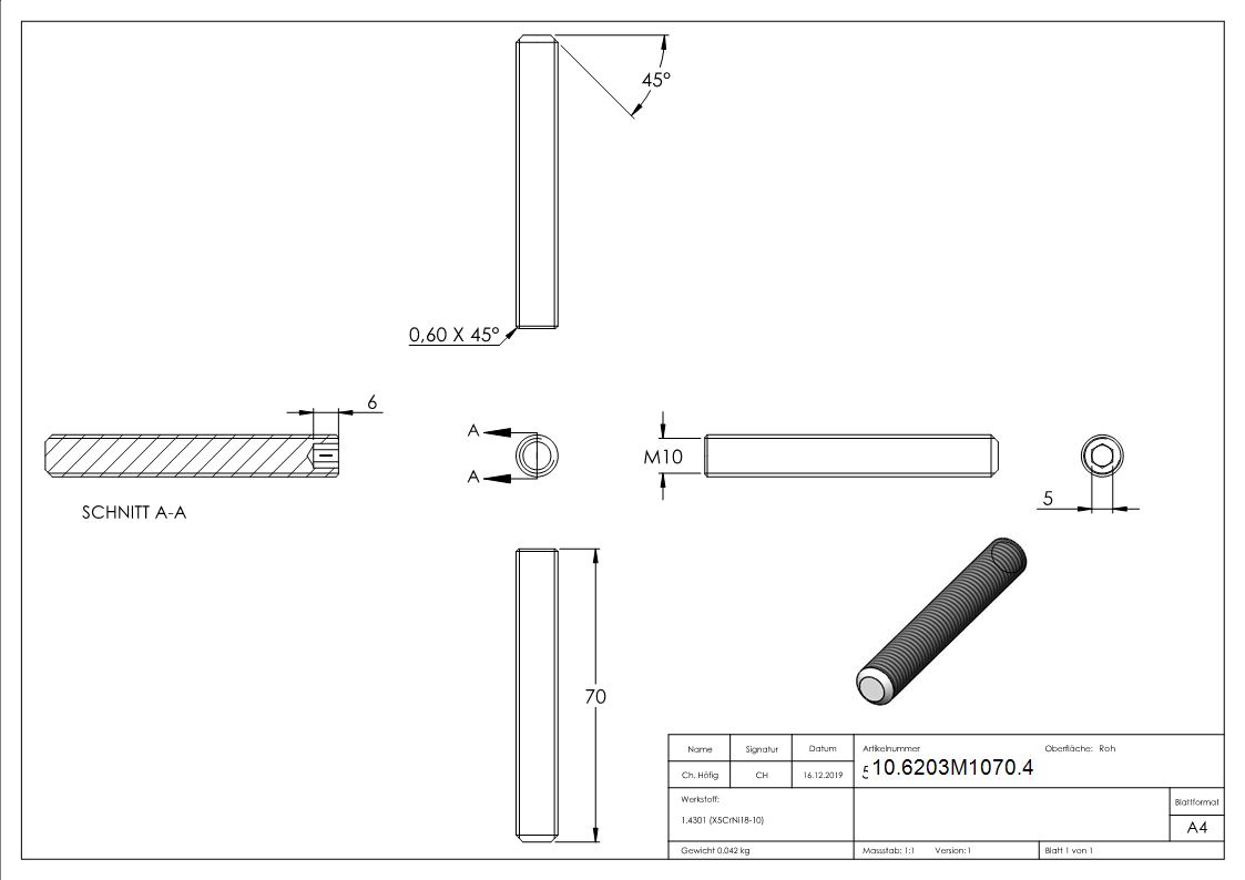 Gewindestift V2A M10x70 Innensechskant Kegelkuppe DIN 913-10-6203M1070.4