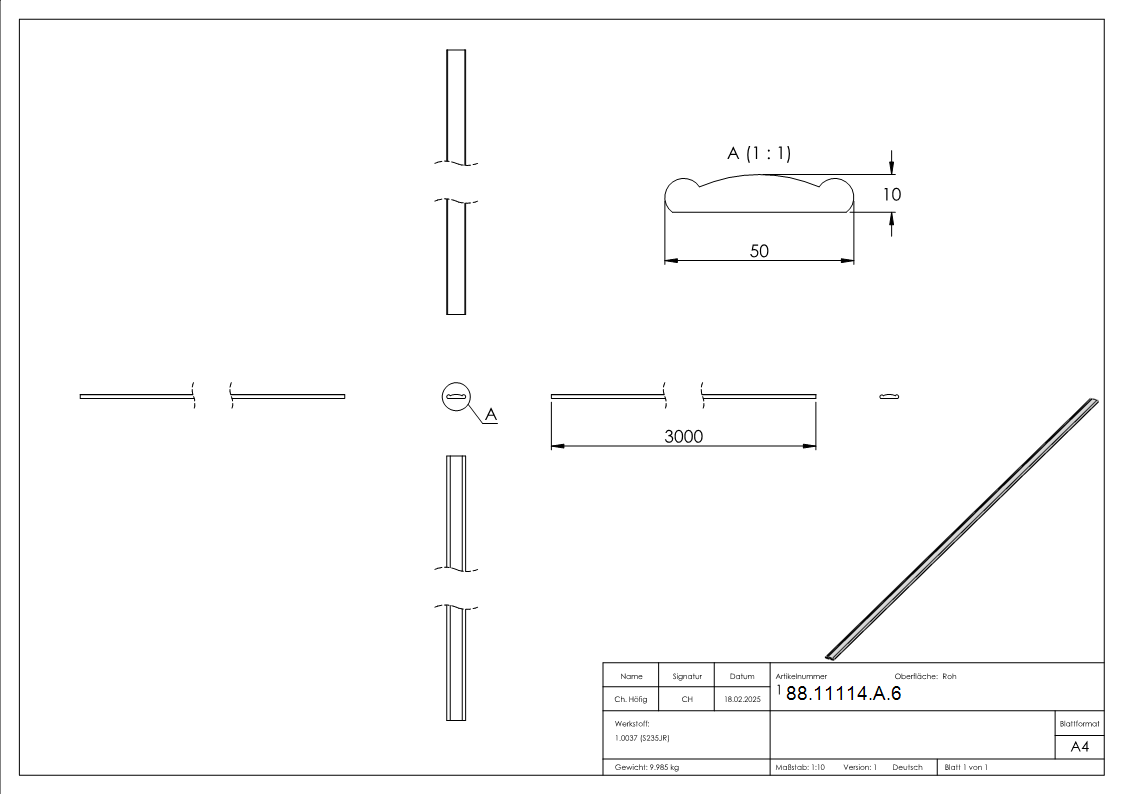 Handlauf 50x10 mm 3000mm Stahl roh Flachprofil fuer Gelaender-88-11114-A.6