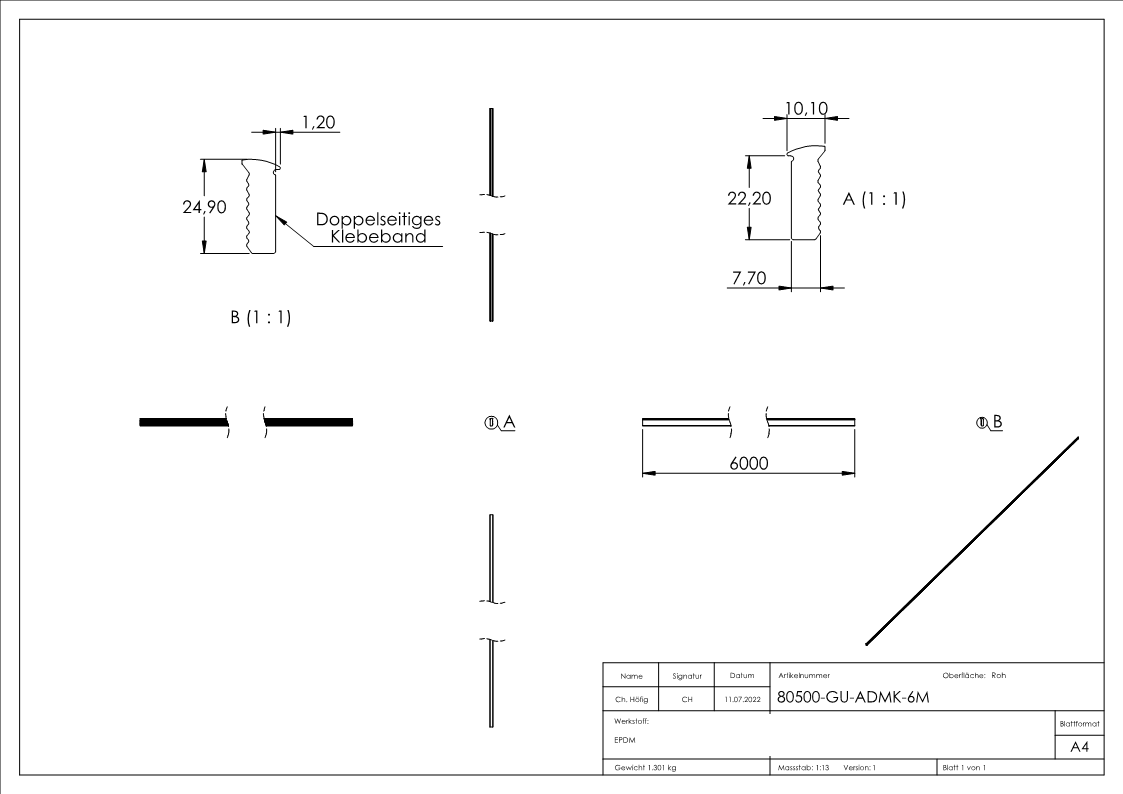 Abschlussdichtung - fuer Glas- 12-76-13-52 mm - fuer Profil-Aussenseite - mit doppelseitigem Klebeband - Kautschuk-12.3080