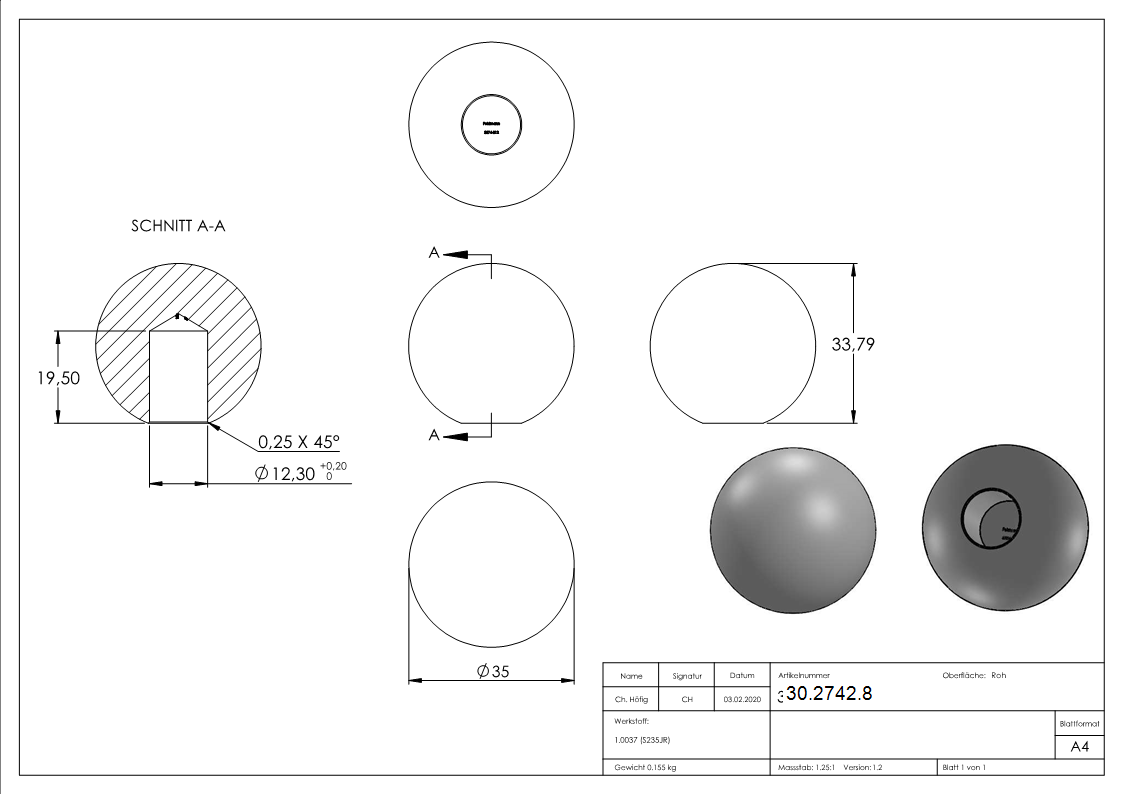 Kugel Ø 35 mm - mit Sackloch 12-2 mm - Stahl S235JR- roh-30-2742.8