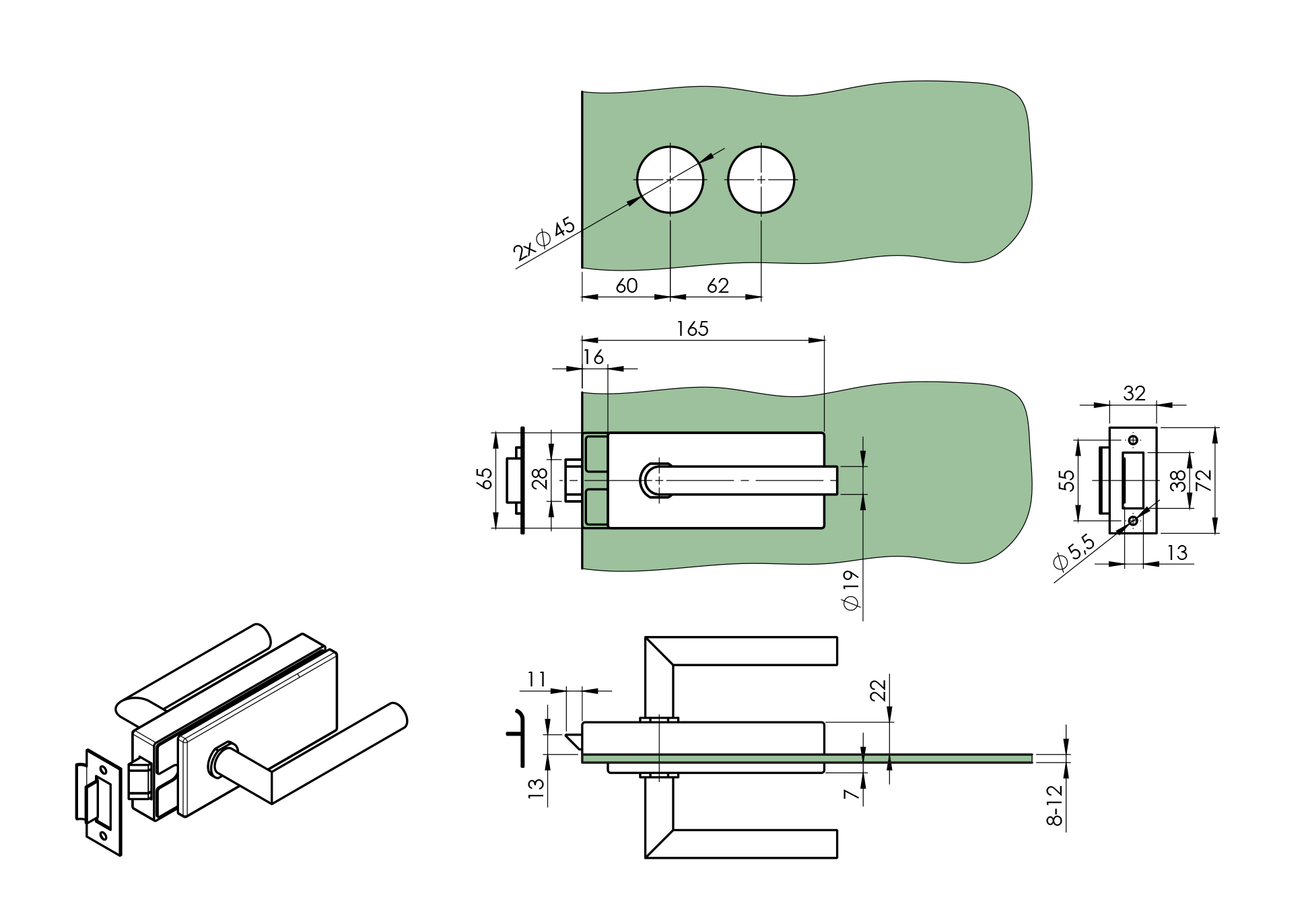 Edelstahl Glastuerschloss mit Druecker fuer 8-10mm Glas- geschliffen-89-11GS304D206HS-A.4