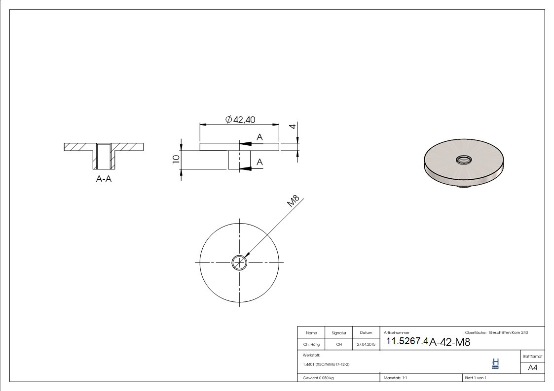 Platte flach mit M8 fuer Rohr Ø 42-4 mm V4A-11-5267.4