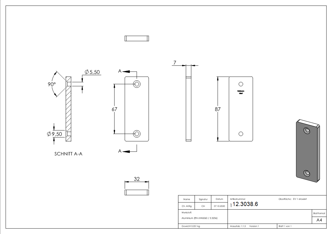 Alu-Kurzschild - Masse- 32x87x7 mm - Form- vierkant - Aluminium EV1 - AMF Artikel- 15867-12-3038.6