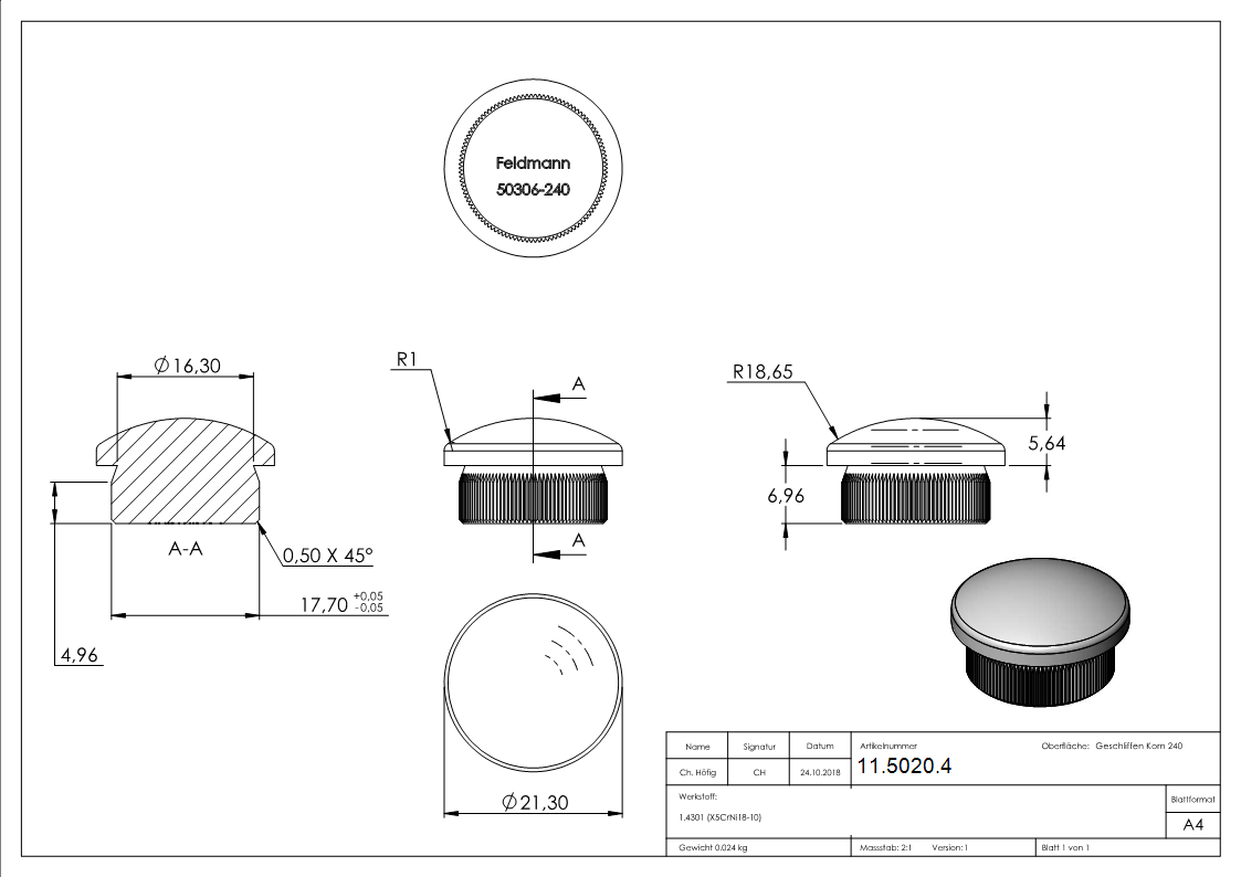 Rohrstopfen fuer Ø 21-3x2-0 mm leicht gewoelbt zum Einschlagen V2A-11-5020.4