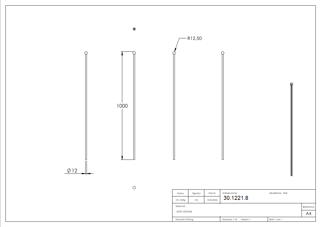 Zaunstab - Laenge- 1000 mm - Material Ø 12 mm - Kugel Ø 25 mm - Stahl S235JR- roh-30-1221.8