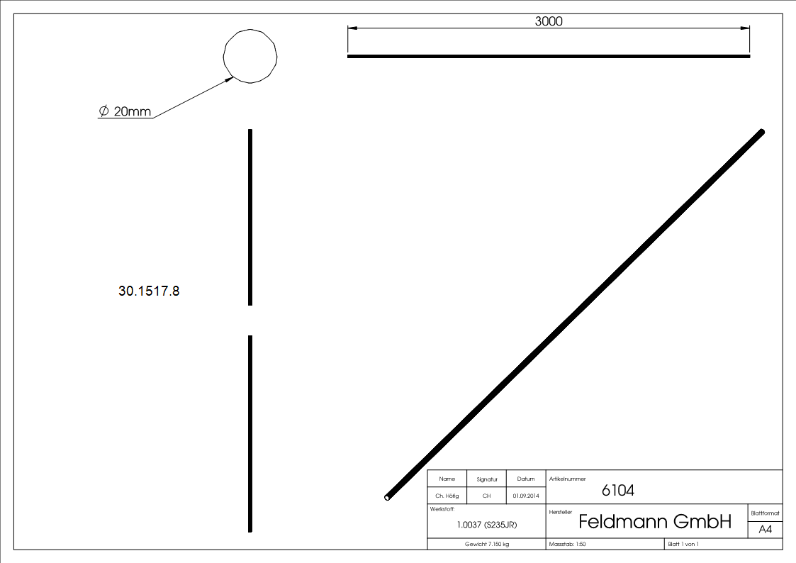 Rundeisen geschmiedet Ø 20 mm Laenge- 3000 mm Stahl -Roh- S235JR-30-1517.8