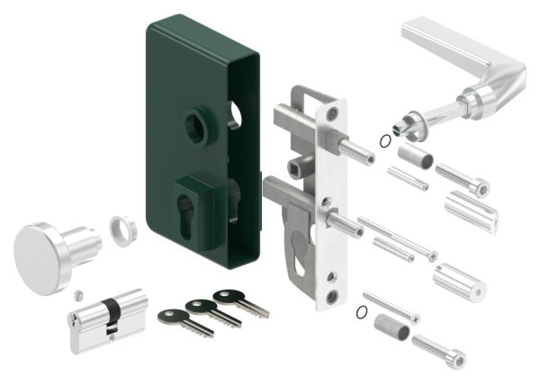 Gittertorschloss GTS 2 mit Anti-Panik-Funktion fuer Rohrstaerke 40-60mm- moosgruen-88-1156702-ALU.6005