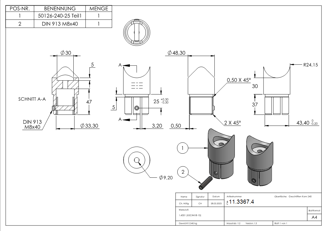 Steckfitting 90° V2A Ø 48-3 mm mit Klemmschraube-11-3367.4