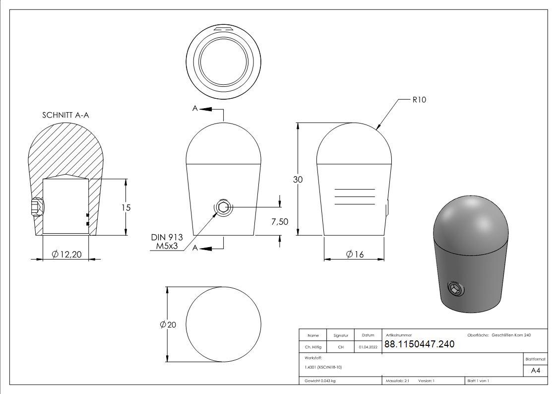 Endkappe V2A Edelstahl fuer Ø 12 mm Rundmaterial halbrund mit Madenschraube-88-1150447.240
