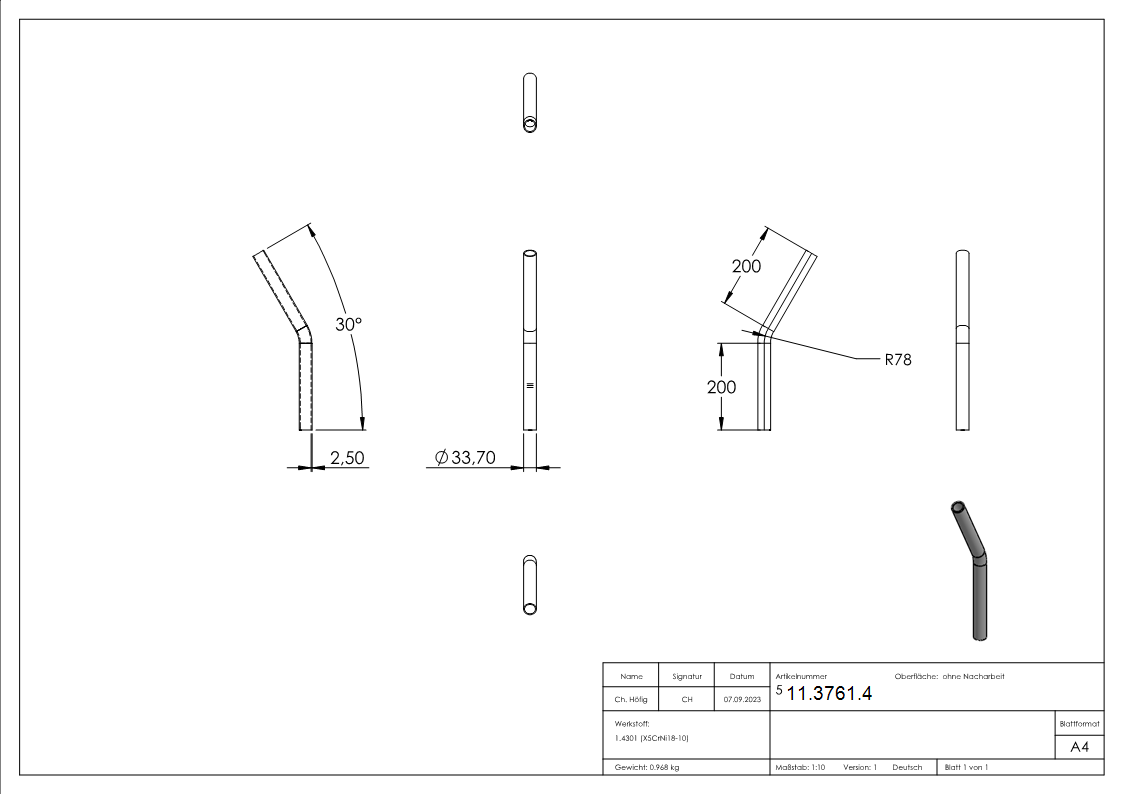 Bogen 30° zum Schweissen aus Rundrohr- Ø 33-7x2-6 mm V2A-11-3761.4