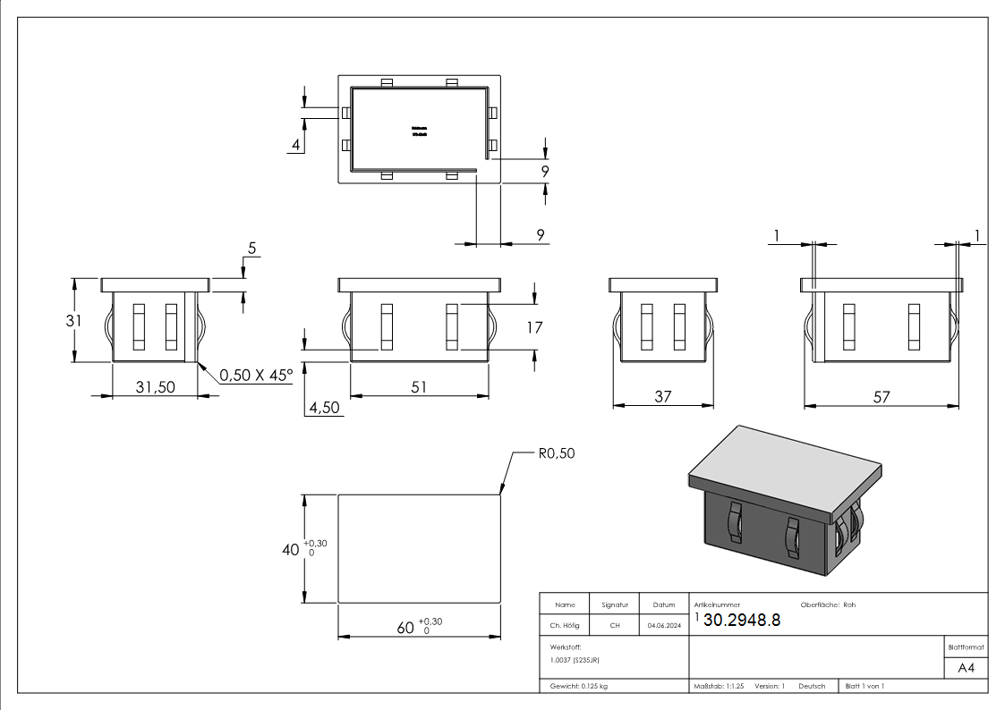 Stahlstopfen flach - fuer Rohr 60x40x2-0-3-0 mm - Stahl S235JR- roh-30-2948.8