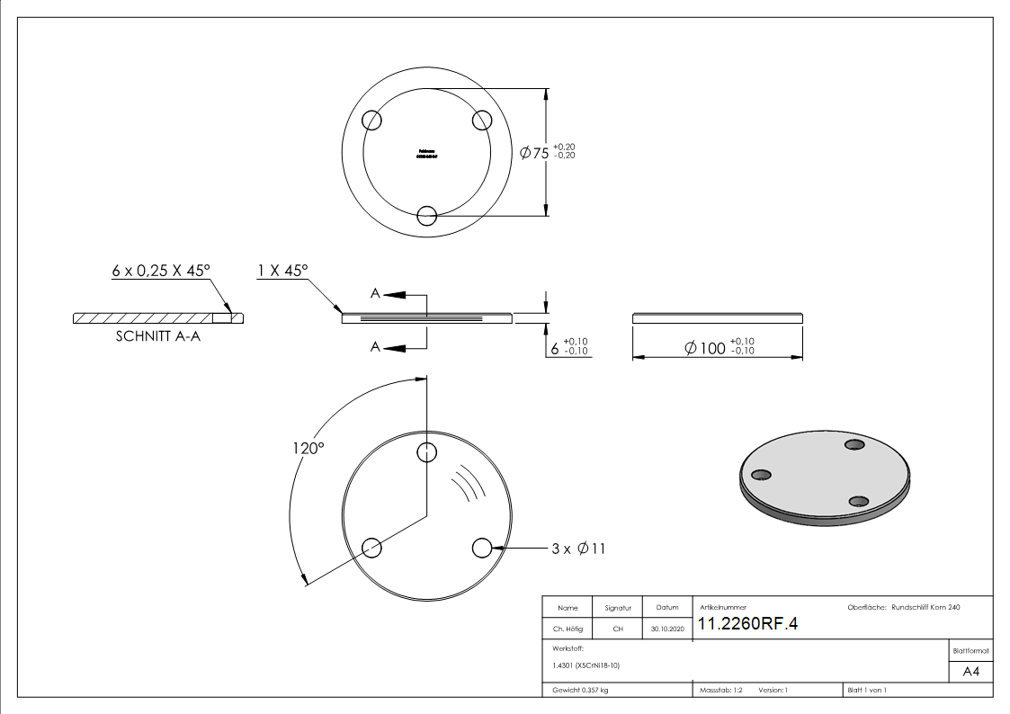 Ankerplatte Ø 100 x 6 mm mit 3 Bohrungen á Ø 11 mm V2A-11-2260RF.4