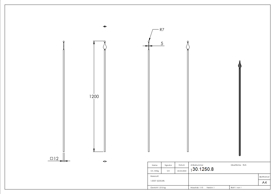 Zaunstab Laenge- 1200 mm Material 12x12 mm - Spitze mit Kugel Stahl S235JR- roh-30-1250.8