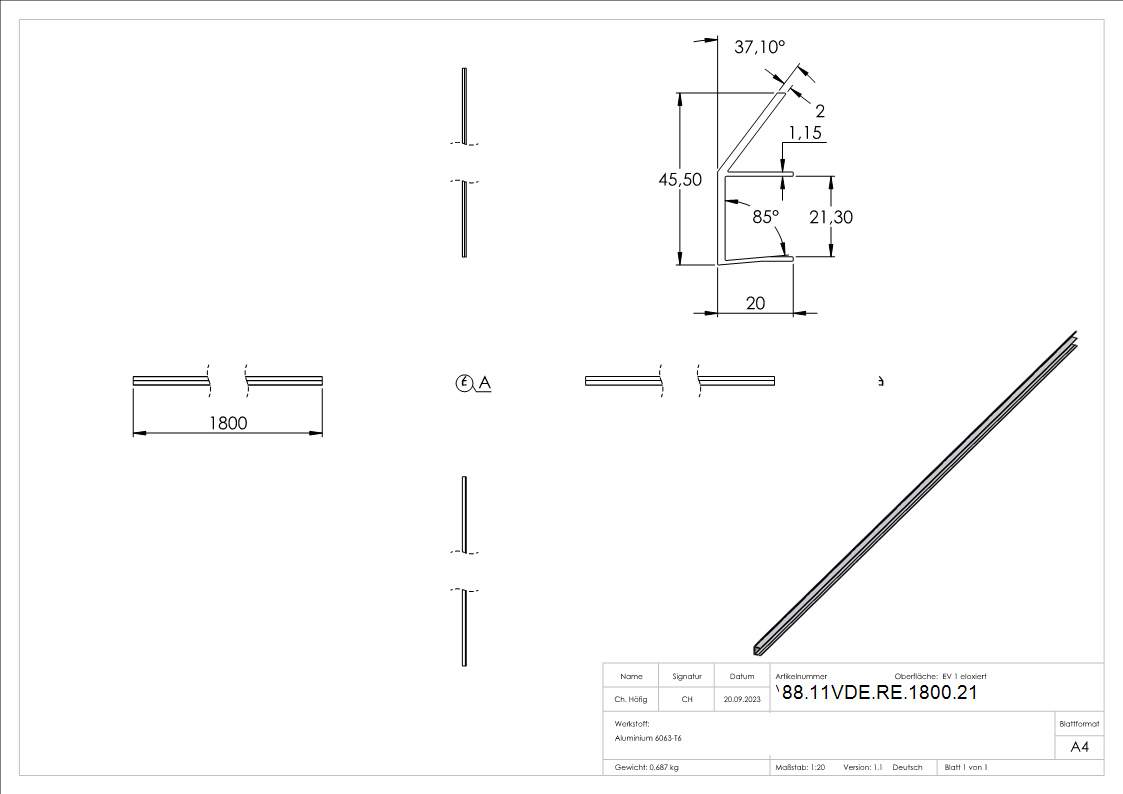 Regenrinne fuer Vordaecher- Glas 21-52mm- L=1800mm- E4-EV1-88-11VDE-RE-1800.21