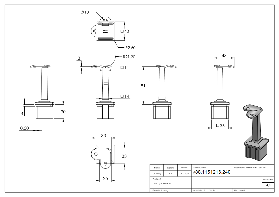 Handlaufhalter fuer Rohr 40x40mm- V2A-88-1151213.240