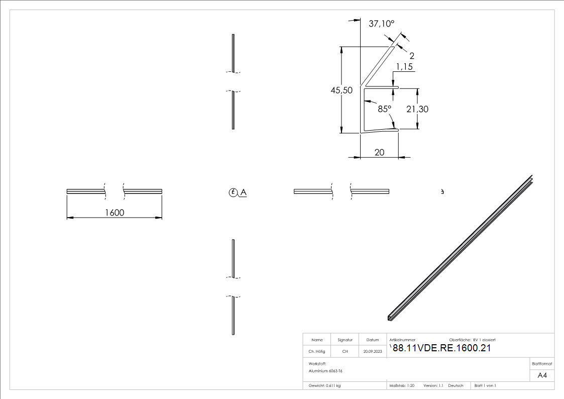 Regenrinne fuer Vordaecher- Glas 21-52mm- L=1600mm- E4-EV1-88-11VDE-RE-1600.21