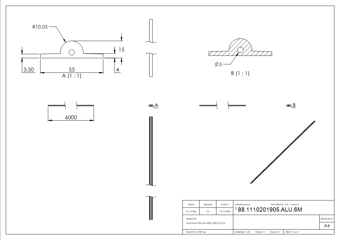 Laufschiene zum Aufschrauben ohne Bohrungen- L- 6m- Aluminium-88-1110201905-ALU.6M