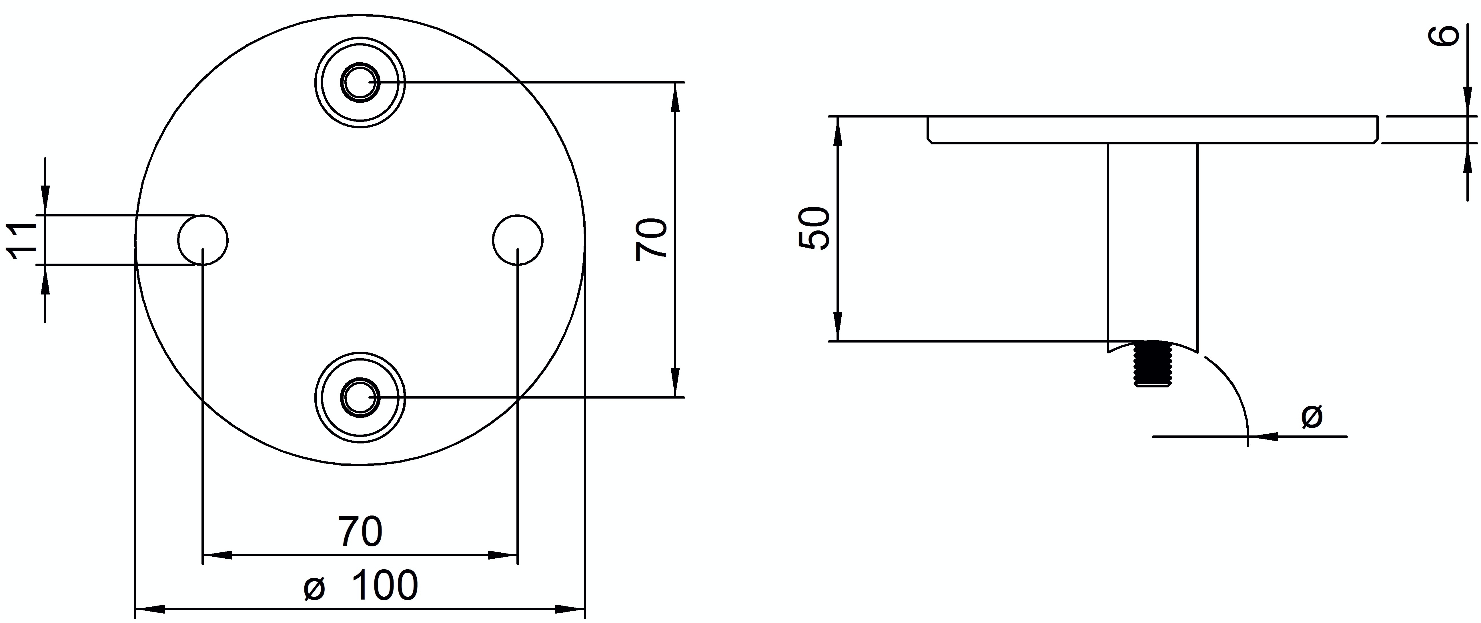 Wandbefestigung  Masse- 100x6 mm fuer Rundrohr- Ø 42-4 mm - V2A-11-3057-A.4
