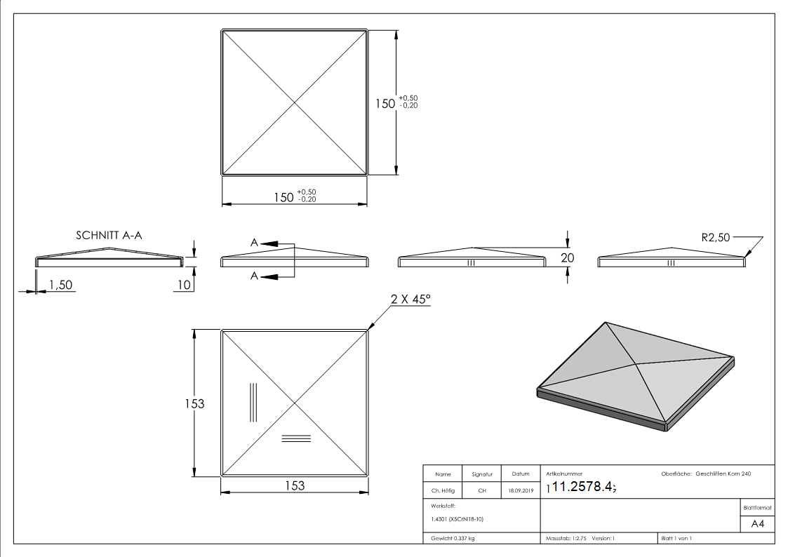 Pfostenkappe Edelstahl fuer Vierkantrohr- 150x150 mm geschliffen V2A-11-2578.4